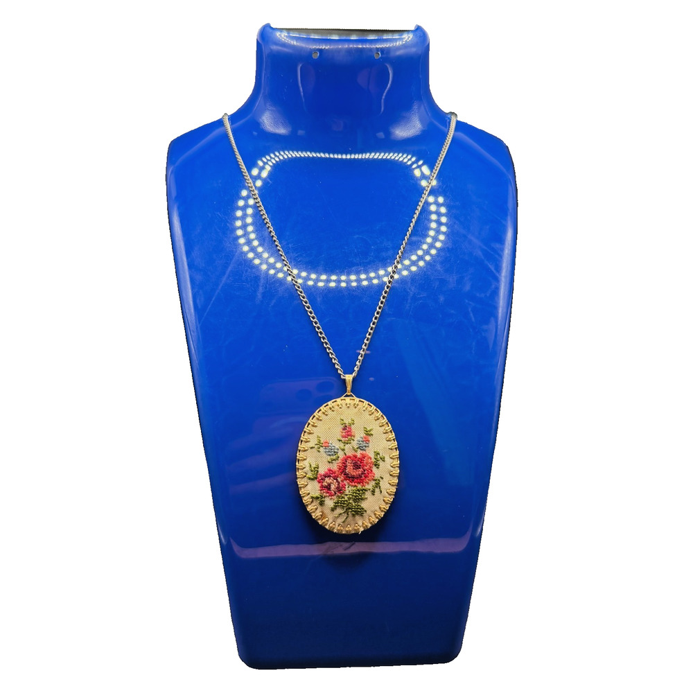 Vintage Needlepoint Floral Pendant Necklace Embroidered Textile Oval Gold Tone